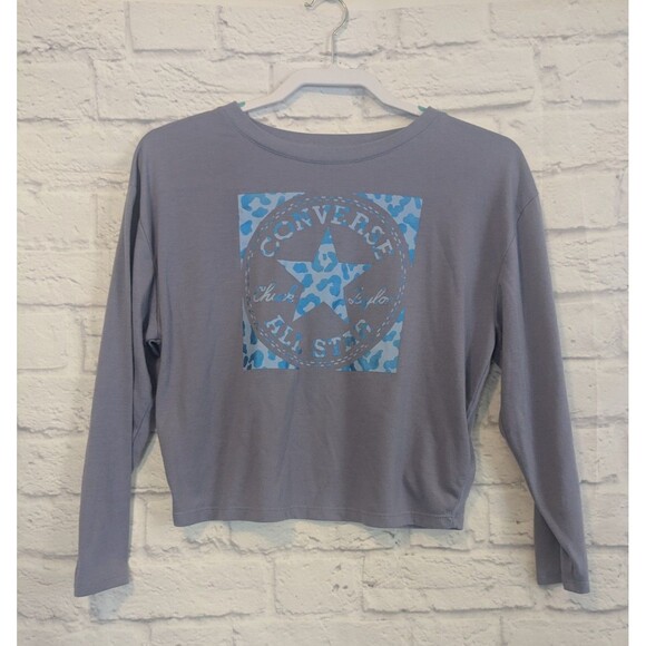 Converse All Star Girls Periwinkle Blue Long Sleeve Crop T-Shirt Tee Shirt Large - Picture 1 of 7